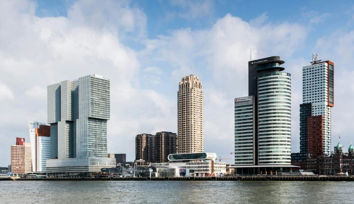 Skyline of modern high-rise buildings along the waterfront in Rotterdam, NetherlandsDesert 