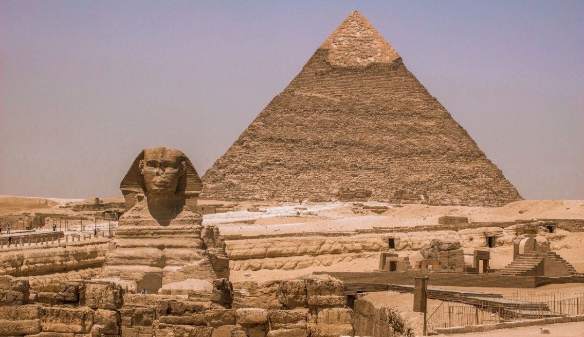The Great Sphinx and Pyramid of Khafre at Giza Plateau, Cairo, Egypt              
