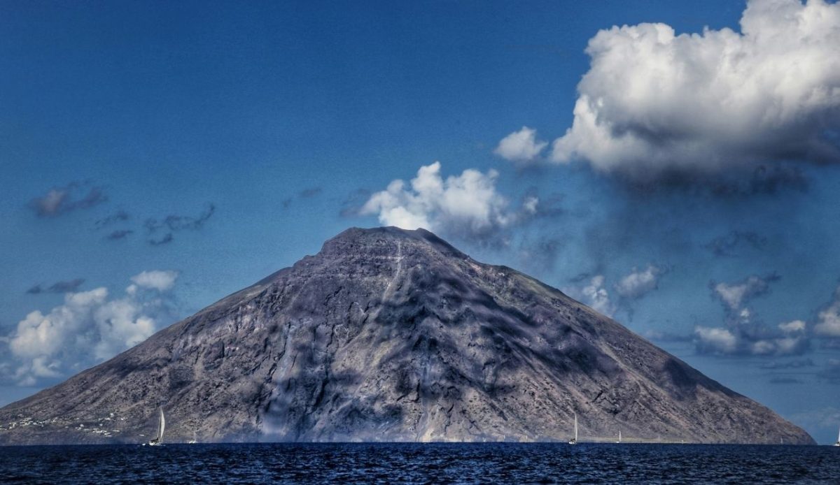 The volcanic Stromboli Island seen from the sea, Messina, Italy                     