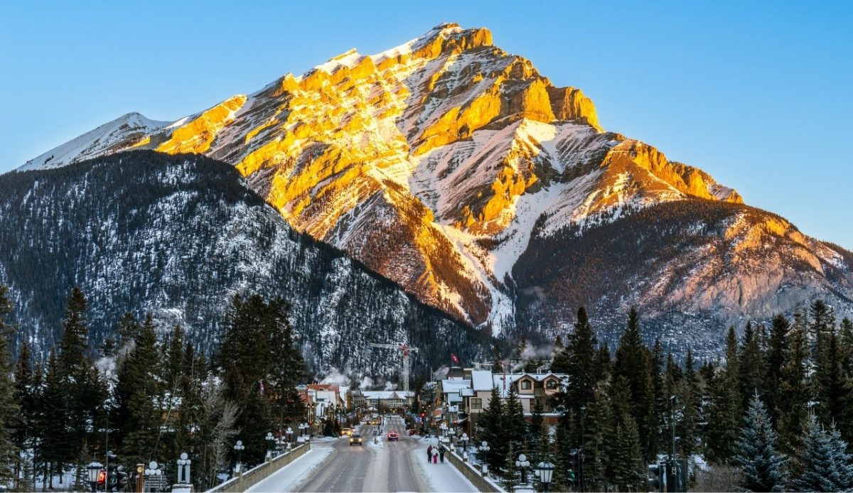 Town of Banff, with mountain in background, in Banff National Park - Alberta, Canada           