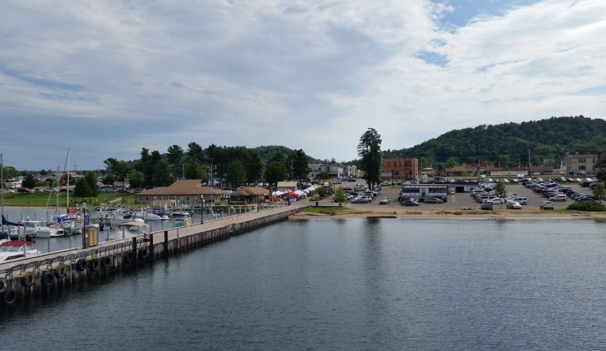 View of the downtown area from Munising Harbor, Michigan, USA         