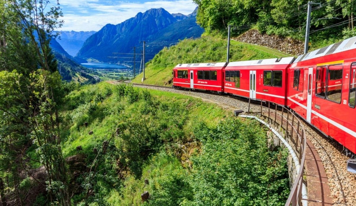 expressBernina Express train traveling through the Albula Valley near Filisur, Switzerland bernina 