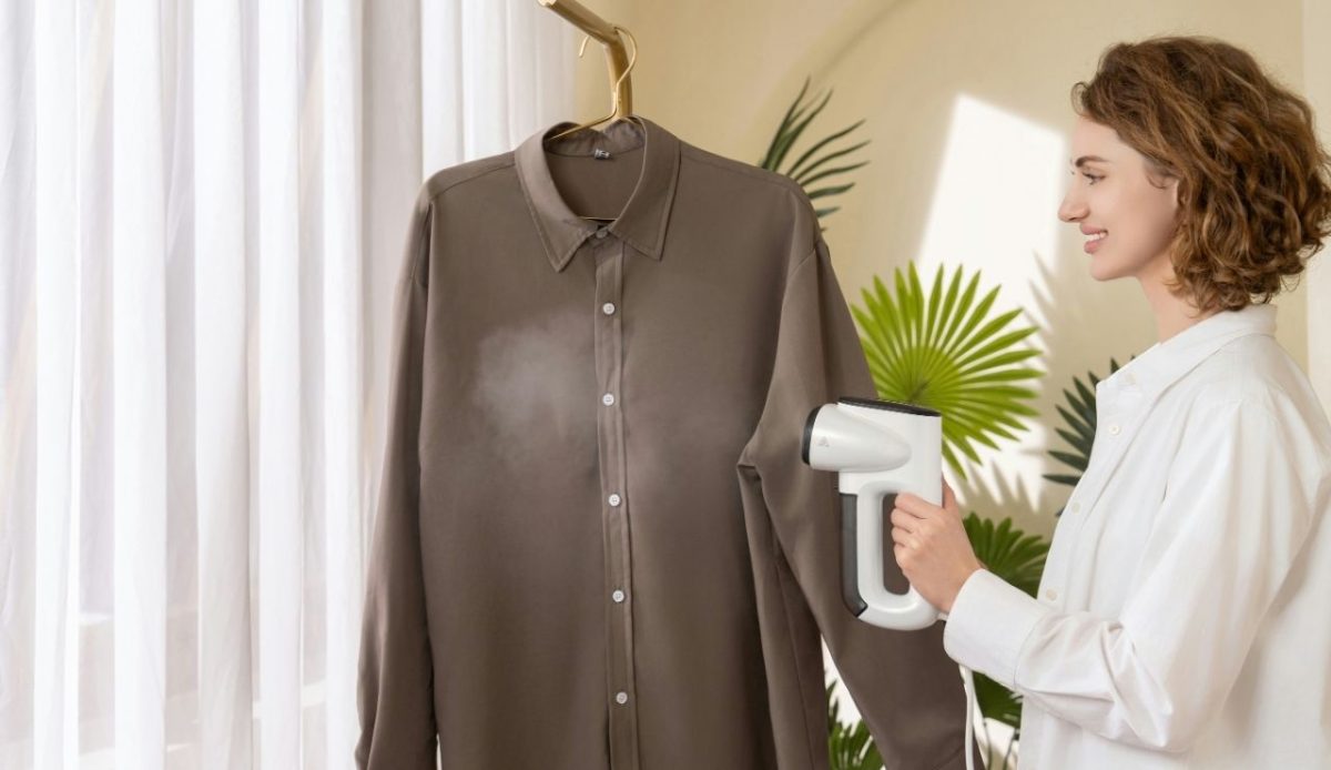 A woman smiles while steaming a taupe button-down shirt with Small travel hand steamer