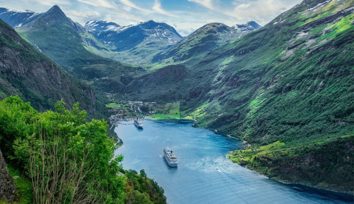 Cruise Ships on the Lake Surrounded by Mountains, Geiranger, Norway                