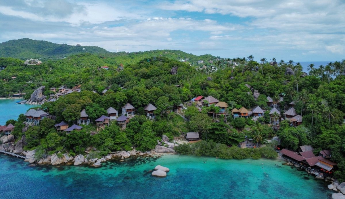 Koh Tao, Surat Thani, Thailand with turquoise waters and hillside resorts 