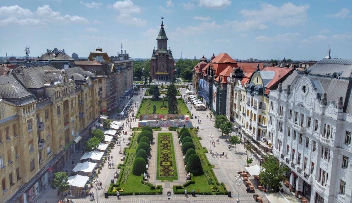 Aerial Photo of Victory Square in the Romanian city of Timișoara                       