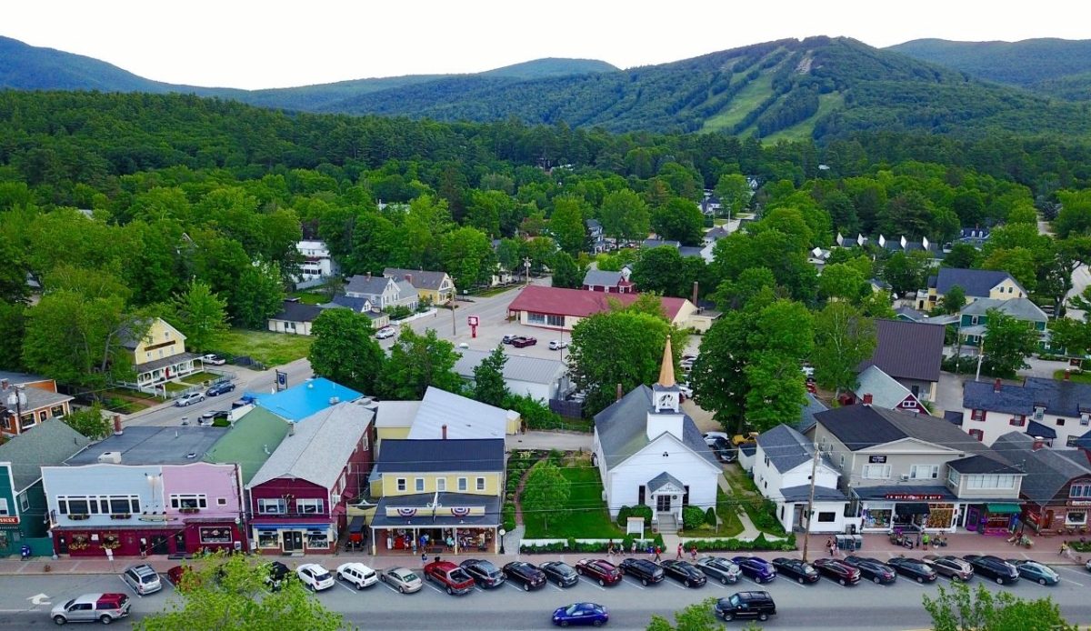 Aerial view of North Conway and Mount Cranmore, New Hampshire, USA                     