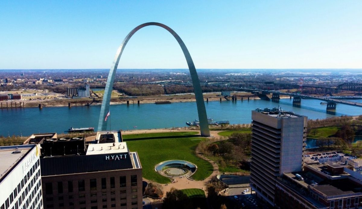 Aerial view of the Gateway Arch and Mississippi River waterfront in St. Louis, Missouri