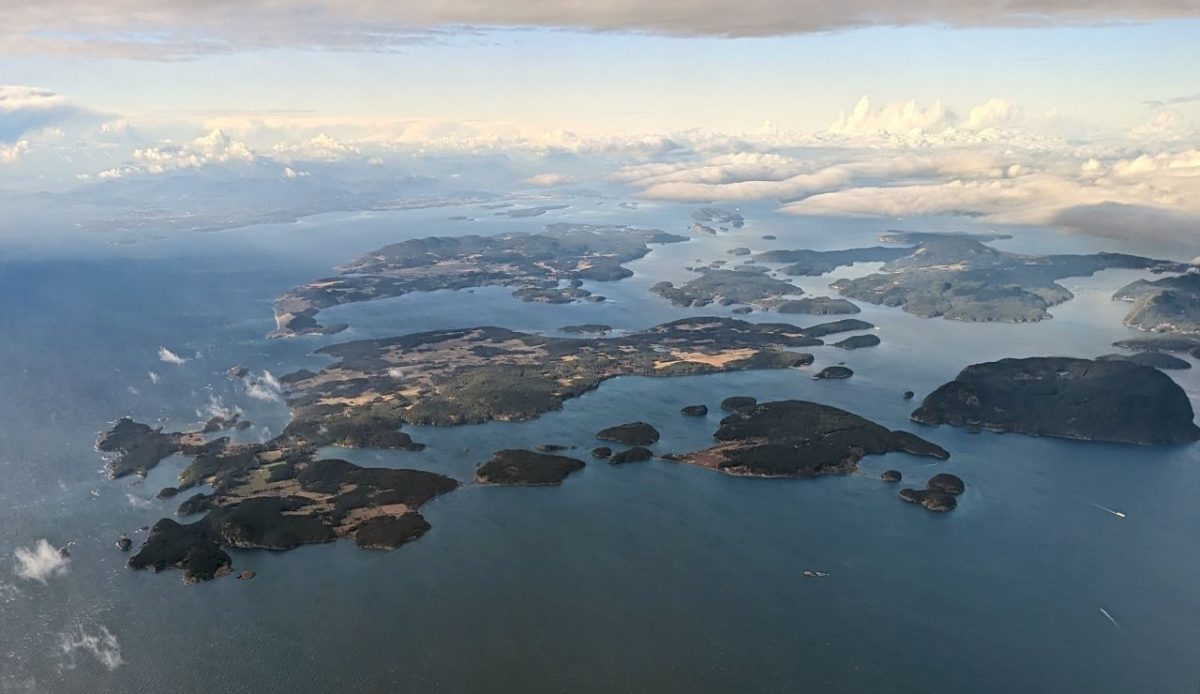Aerial view of the San Juan Islands from the southeast showing Lopez Island in the foreground                    