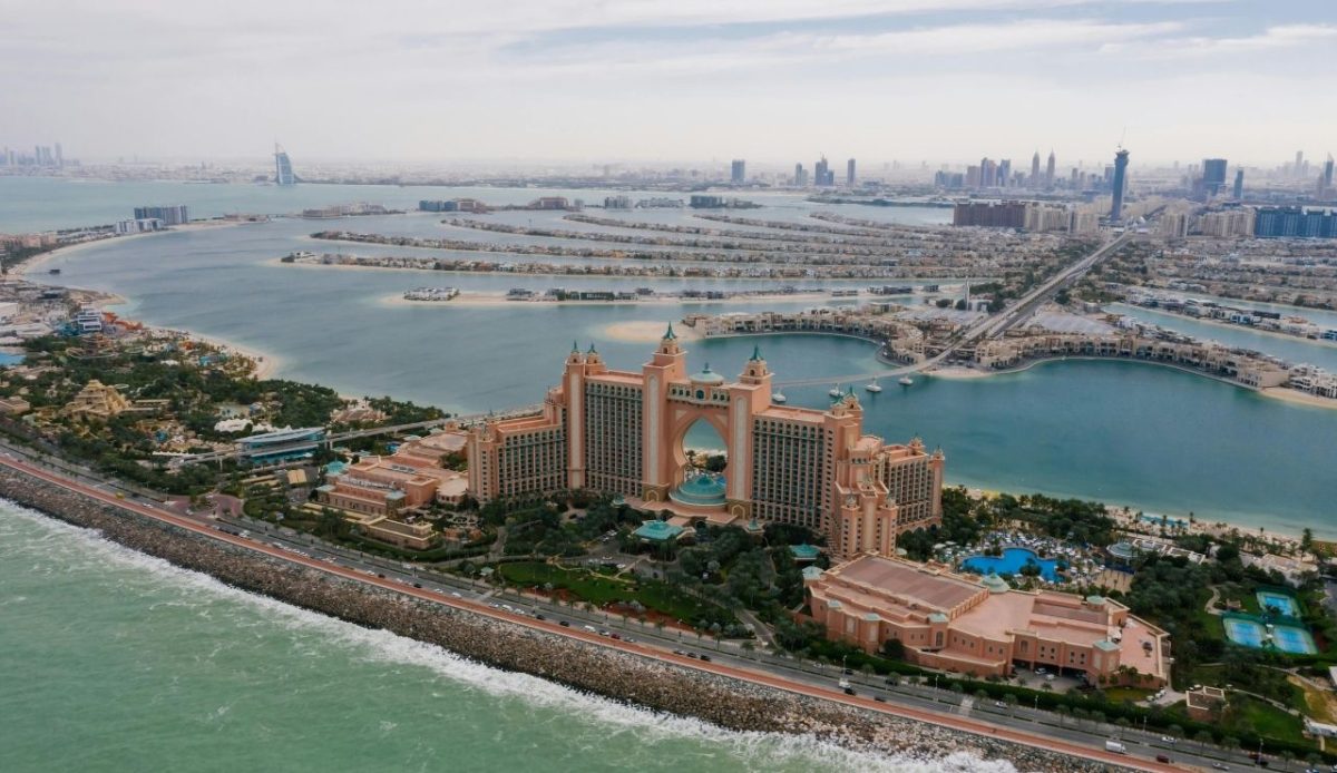 Atlantis The Palm and Palm Jumeirah viewed from above in Dubai, UAE                         