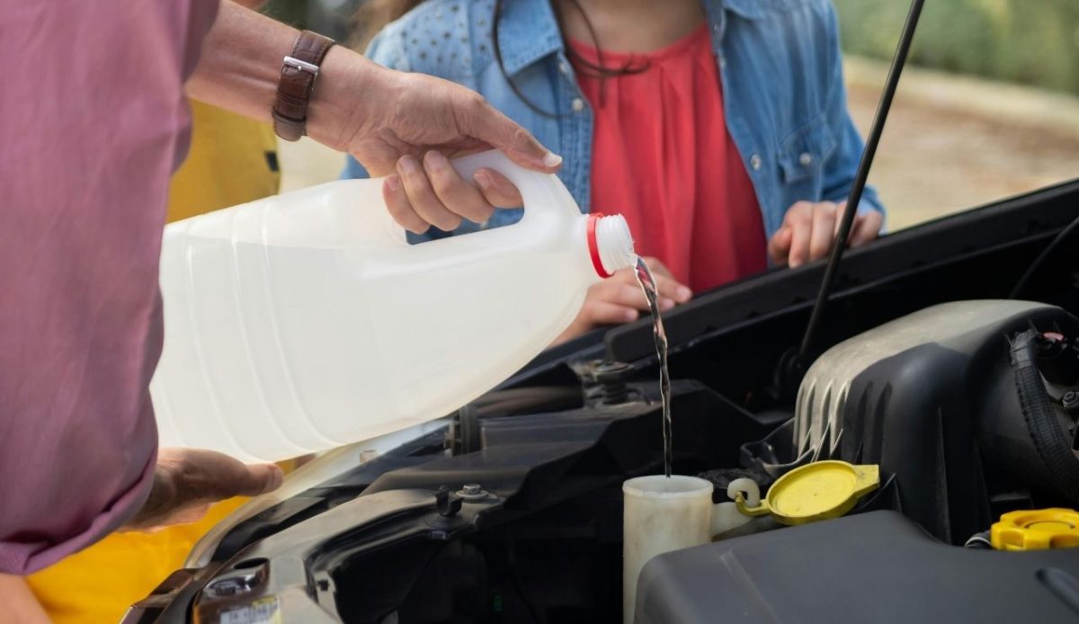 Close-up of Man Pouring Windshield Washer Fluid into the Container in a Car                             