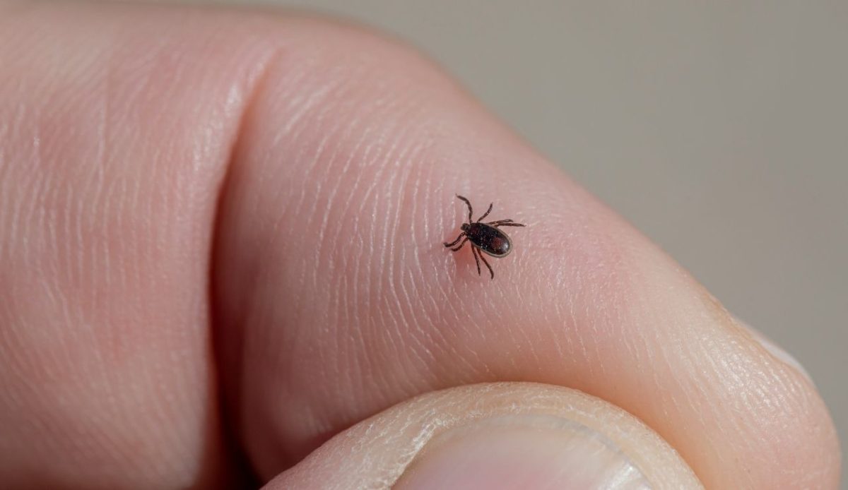 Close-up of a tiny tick crawling on a human fingertip, macro detail              