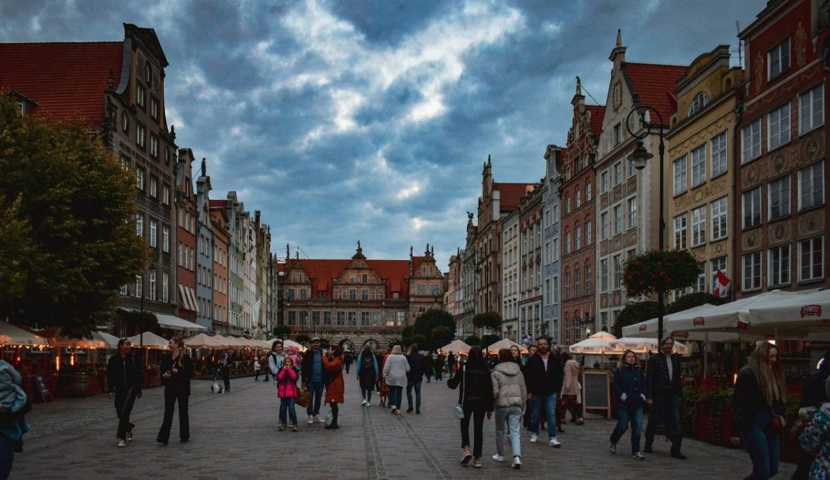 Crowds walking along Długi Targ street in Gdańsk, Pomeranian Voivodeship, Poland