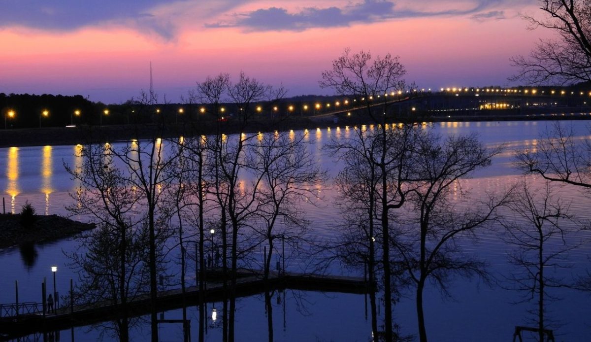 Evening view of the Pickwick Landing Dam on the Tennessee River from the inn at Pickwick Landing State Park                 