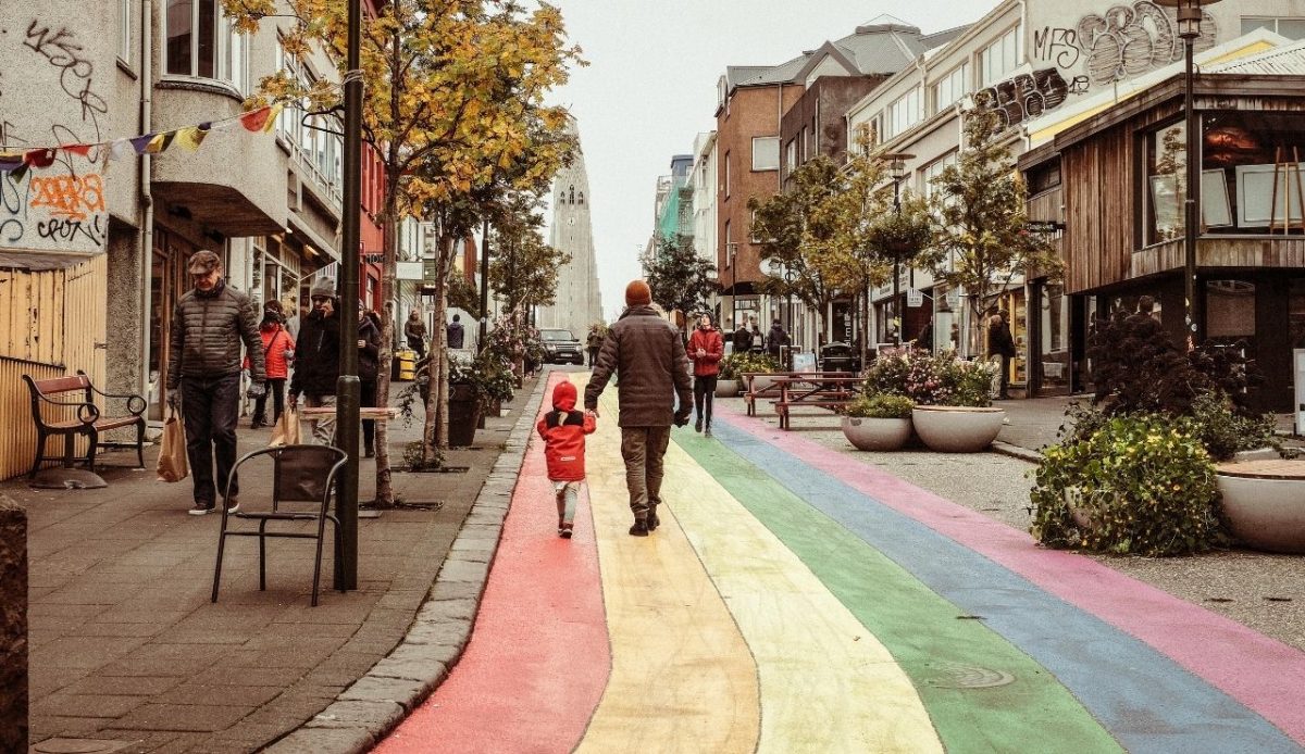Hallgrimskirkja Church Seen from Rainbow Street in Reykjavik, iceland                                