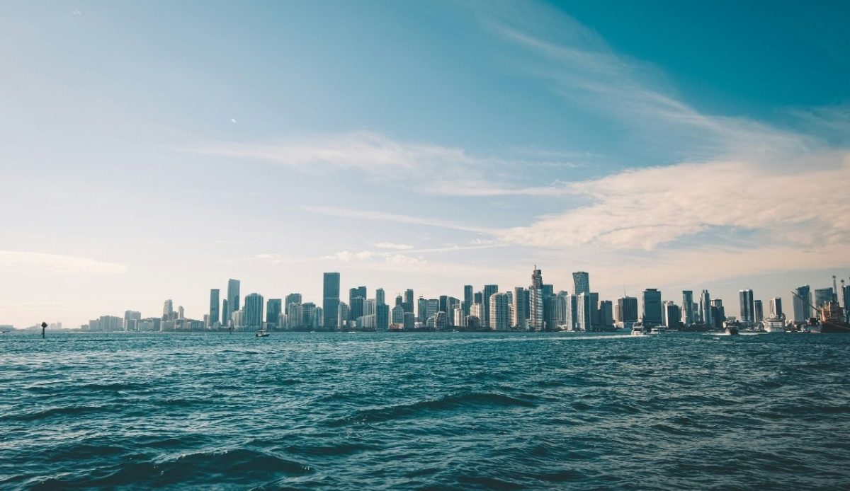 Miami skyline across Biscayne Bay under clear blue sky,Miami, Florida 