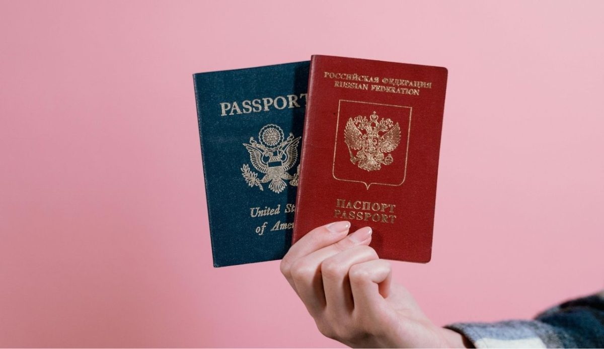 Person Holding red and blue passports            