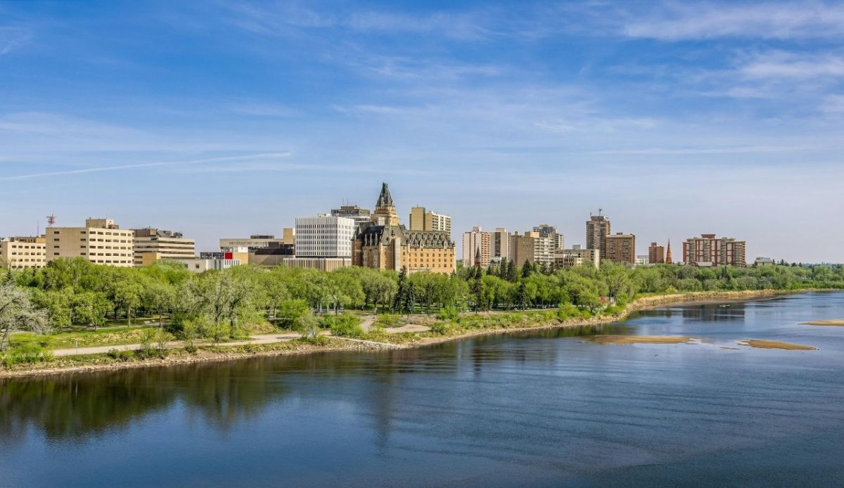 Saskatoon, Saskatchewan, Canada, Saskatoon Skyline Overlooking Riverbank Park                   