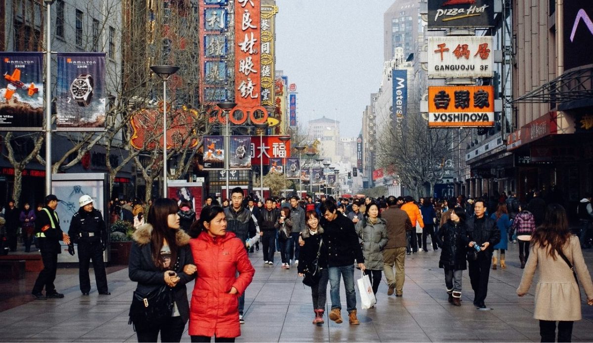 Shoppers in Shanghai on a cold winters day                     
