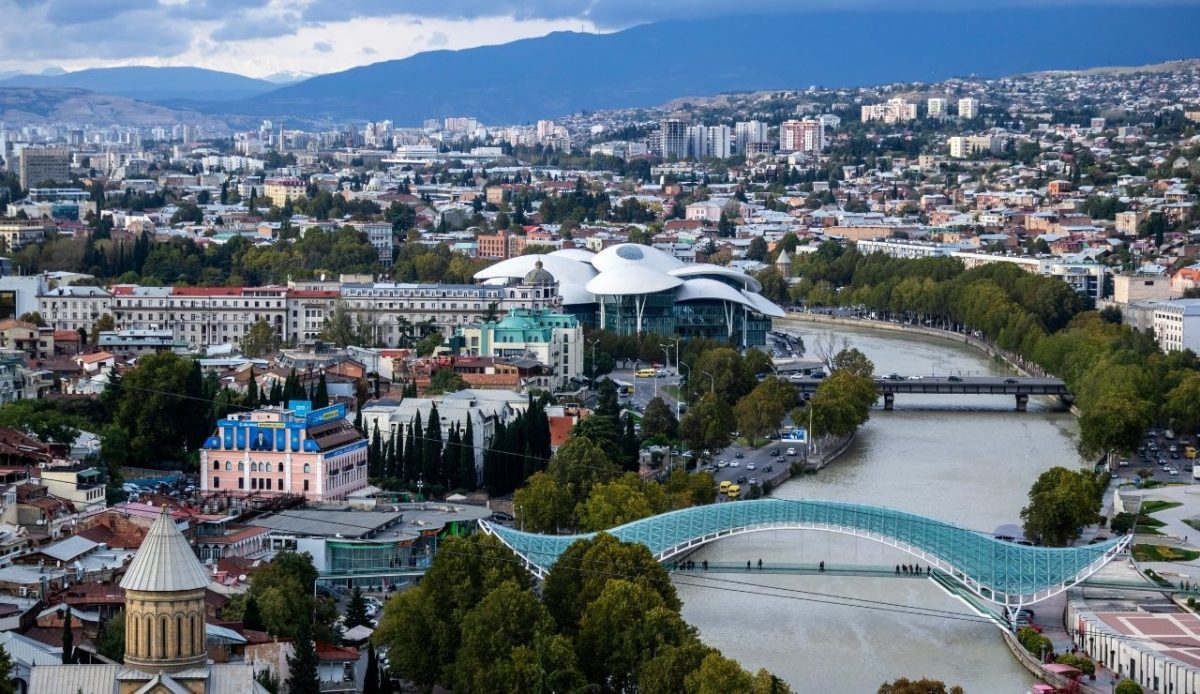 Tbilisi cityscape with the Bridge of Peace and Public Service Hall, Tbilisi, Georgia