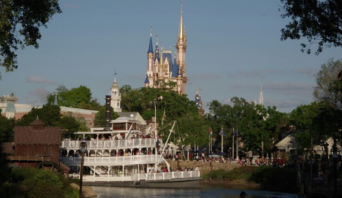 The castle at Disney World's Magic Kingdom with the Riverboat in the foreground,Disney World, Orlando, Florida, USA 