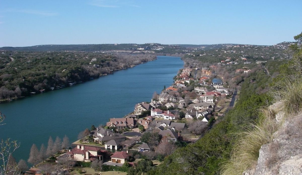 View from atop Mount Bonnell looking northwest toward Pennybacker Bridge in Austin, Texas.                        