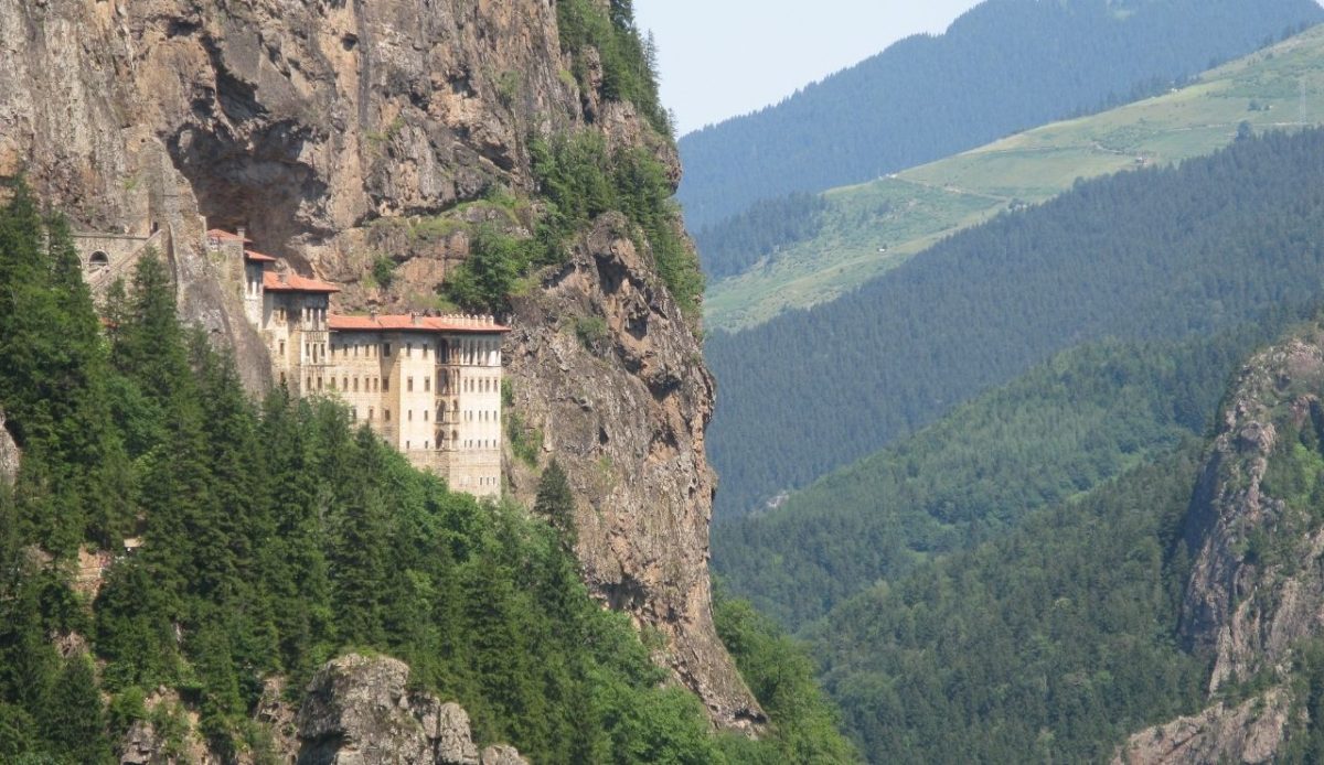 View on the Sumela Monastery in the province of Trabzon in Turkey from the road to the monastery                              