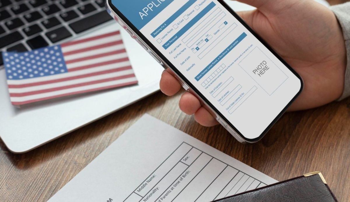 Visapassport  application composition with american flag     