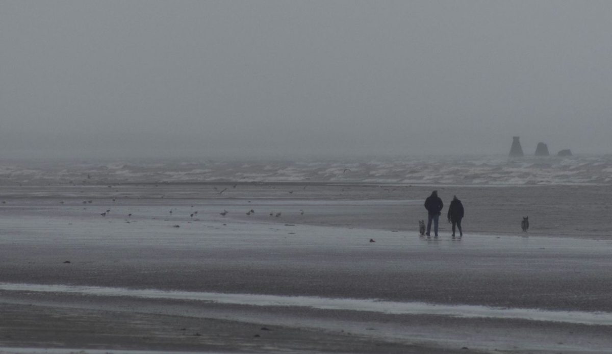 couple of people walking across a Sandhead Beach in winter                       