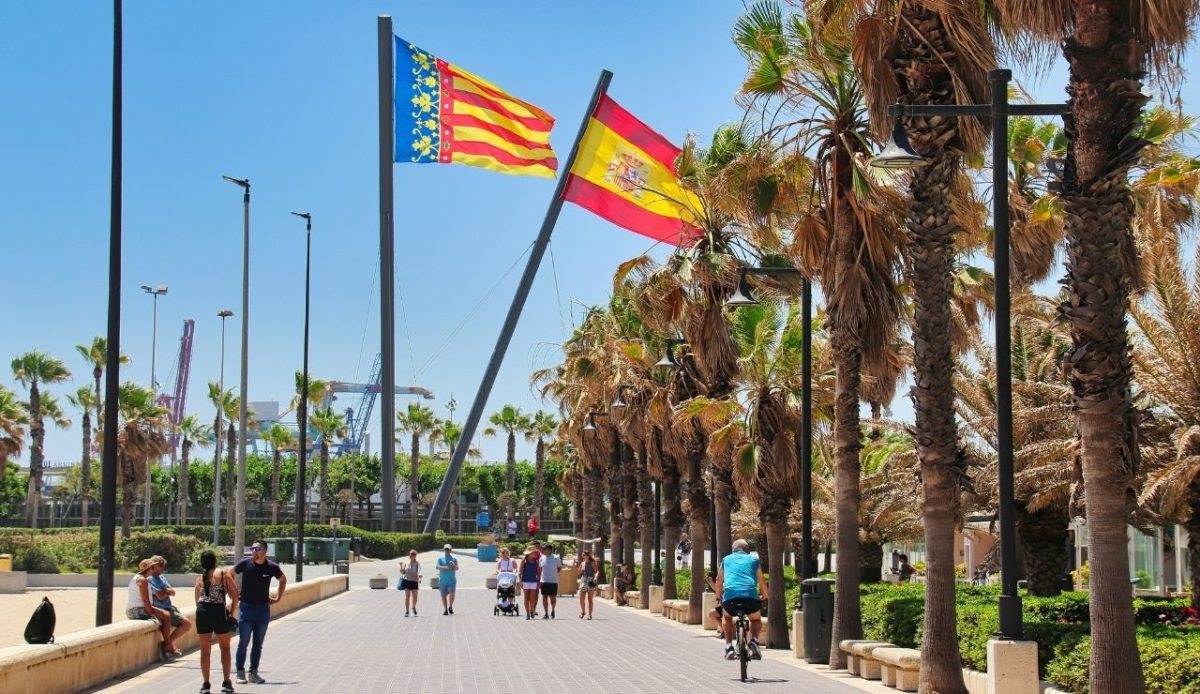 Valencia promenade with Spanish and Valencian flags, Spain