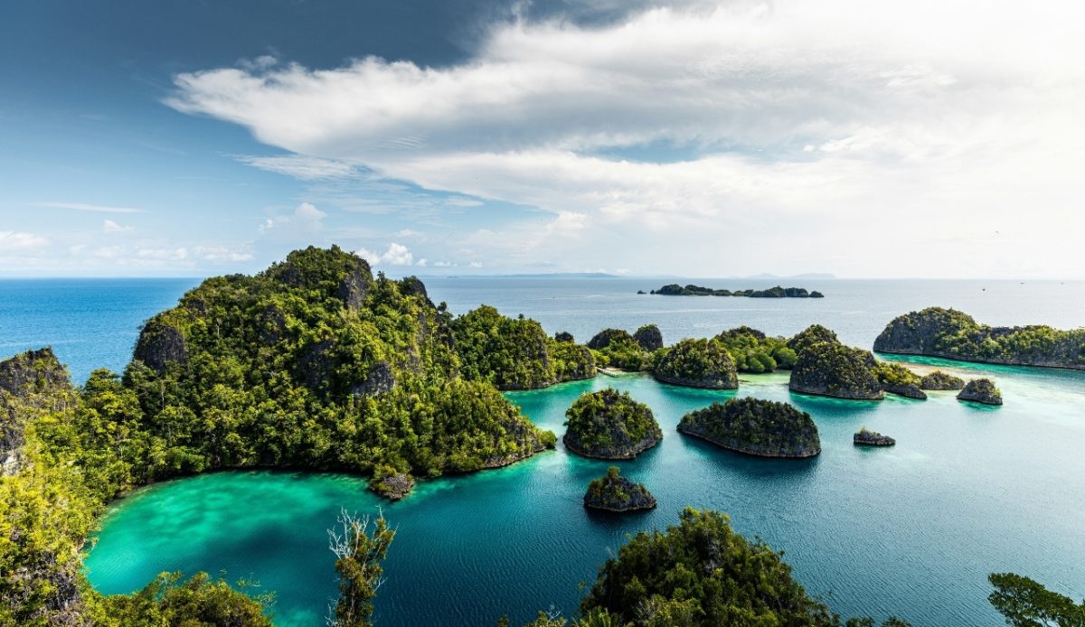 Aerial view of lush islands in Raja Ampat, Papua, Indonesia, surrounded by clear turquoise water 