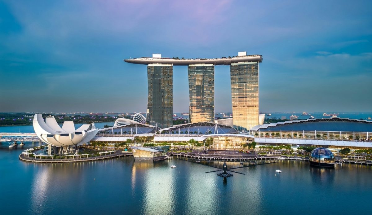 Marina Bay Sands and Gardens by the Bay in Singapore, waterfront view 