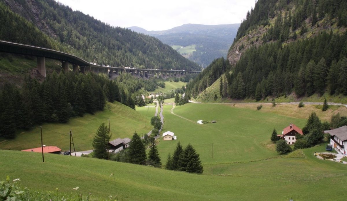 Brenner Pass valley and highway viaduct near Innsbruck, Austria 