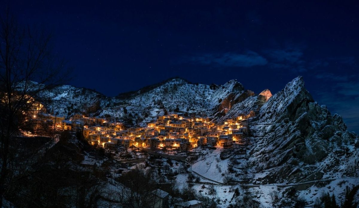Castelmezzano village illuminated at night, Basilicata, Italy
