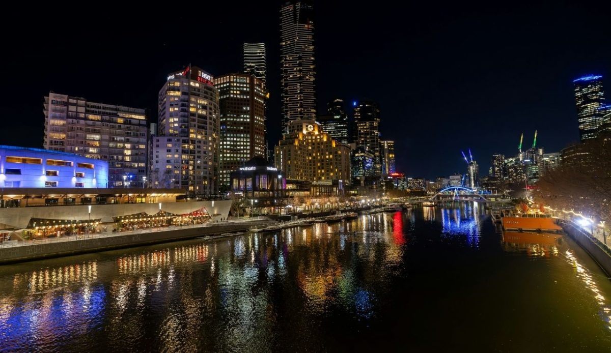Looking across the Yarra River towards Southbank from Princes Bridge  Melbourne VIC, Australia                                   