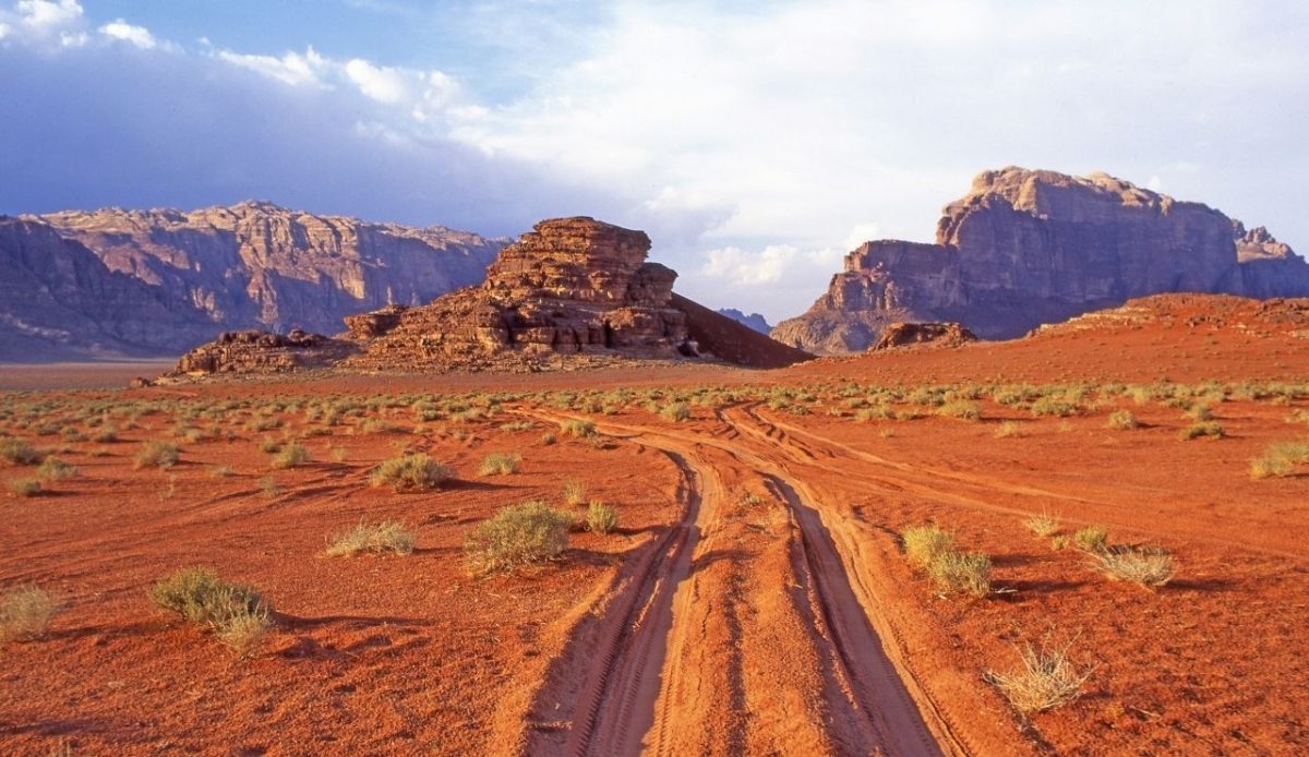 Desert landscape with sandstone cliffs in Wadi Rum, Jordan