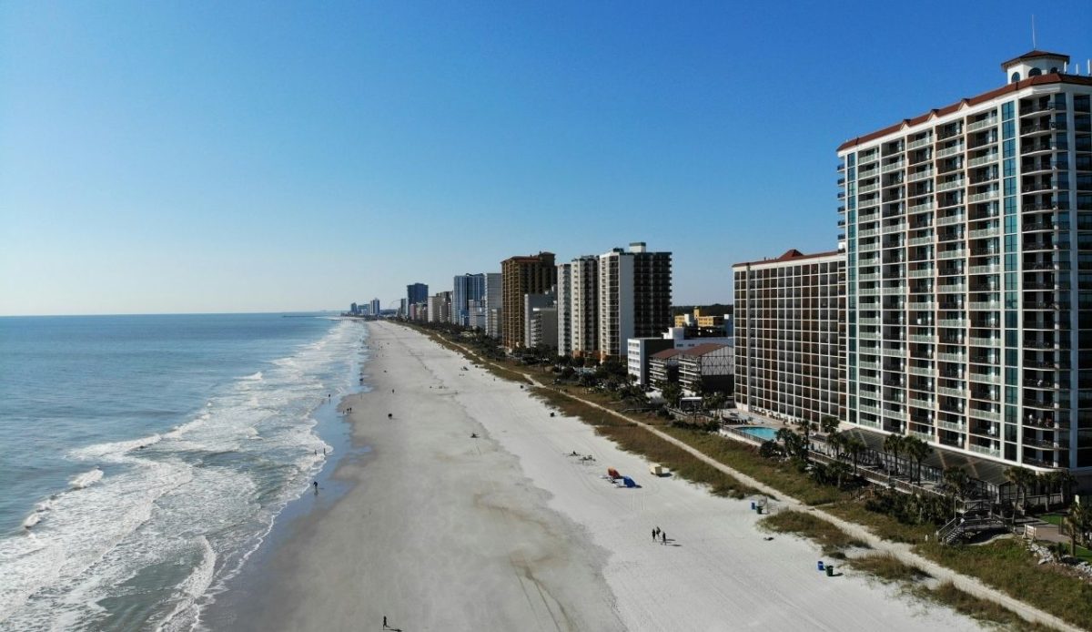 High-rise hotels along the sandy shoreline, Myrtle Beach, South Carolina, USA