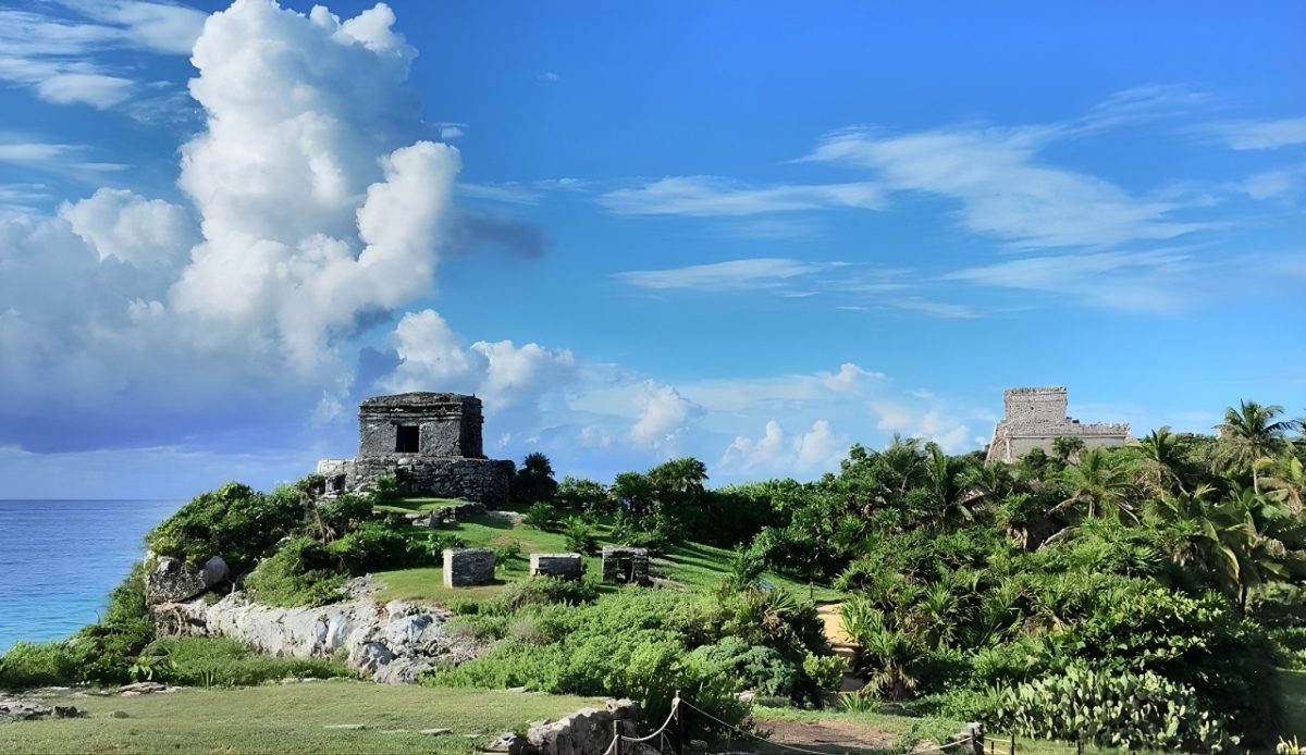 Tulum Ruins with turquoise waters in Tulum, Quintana Roo, Mexico          