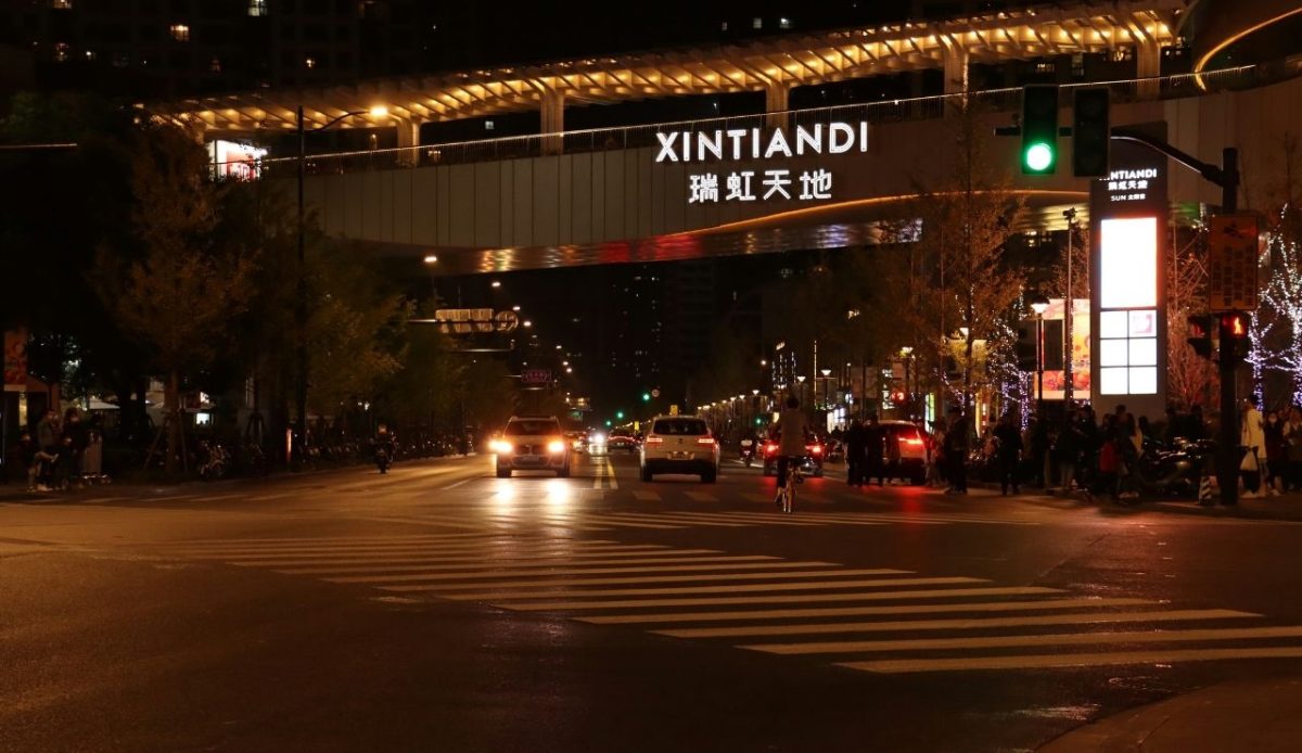 Night street scene at Xintiandi pedestrian bridge, Shanghai, China                           