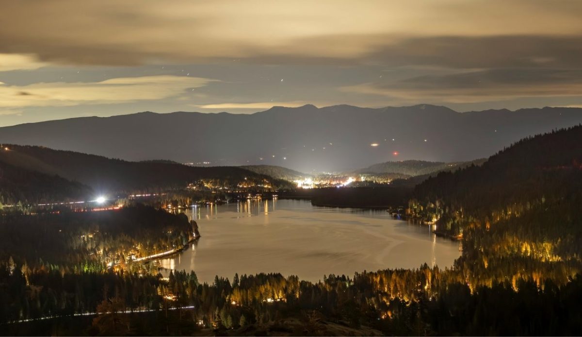 Scenic Night View of Donner Lake in Truckee, California                              