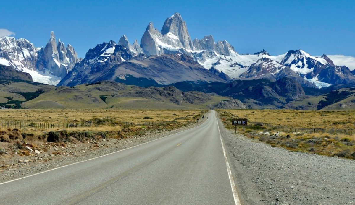 Scenic highway leading to Mount Fitz Roy in Los Glaciares National Park, Argentina