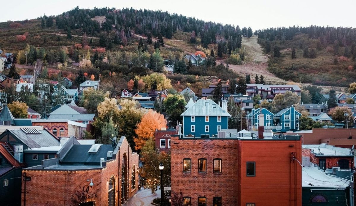 Downtown Park City, Utah with fall colors and mountain backdrop