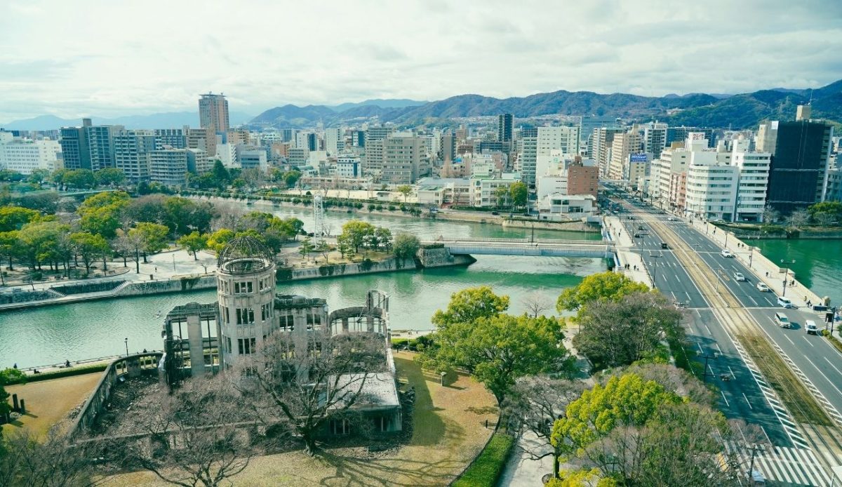 The skeletal remains of the Atomic Bomb Dome stand as a solemn reminder of Hiroshima, Japan                     
