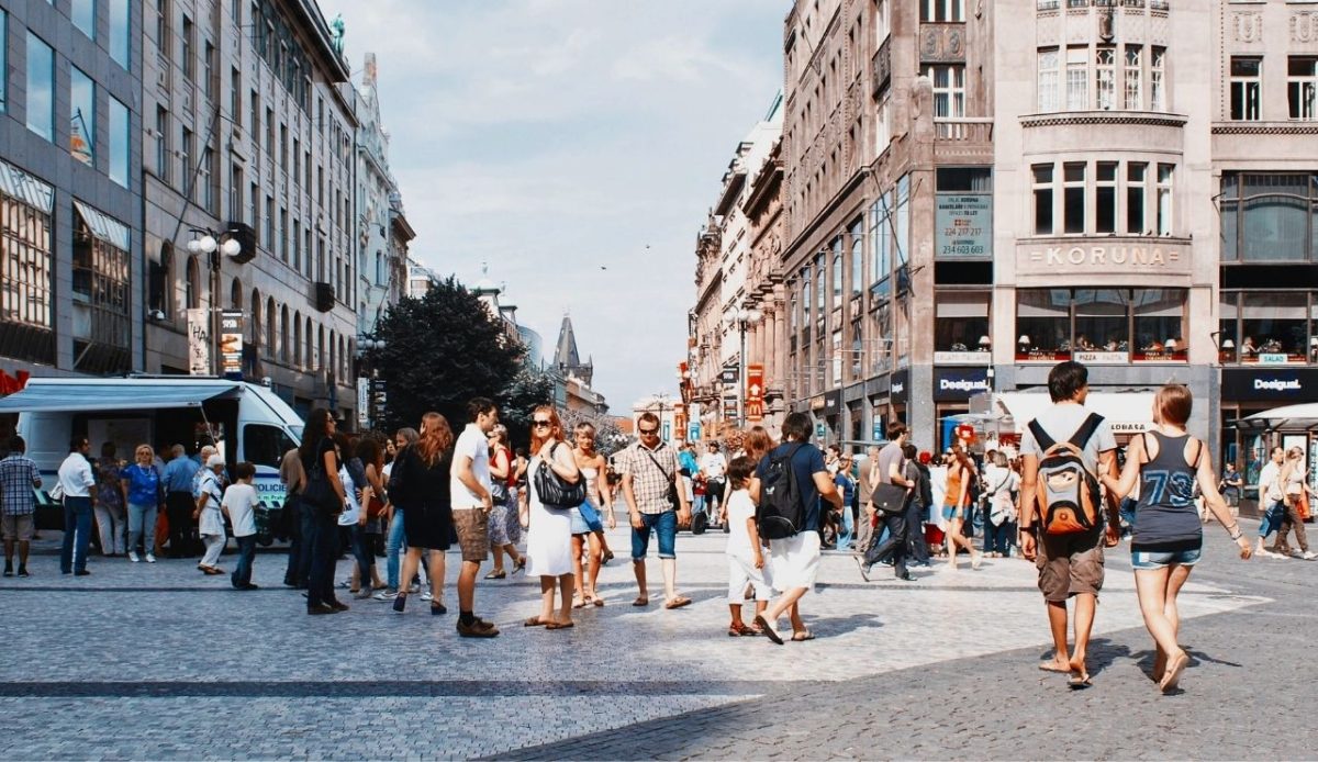 Tourists in Crowded Square  Prague, Czechia                       