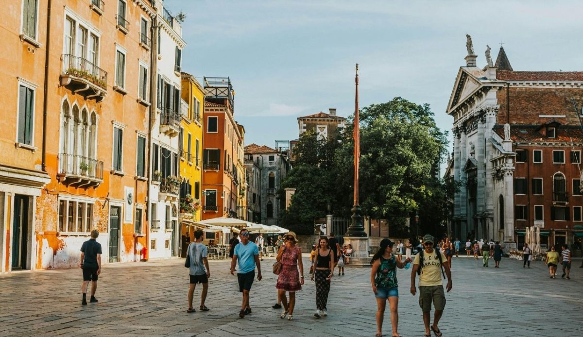 Tourists on Campo Santo Margherita in Venice,Italy          