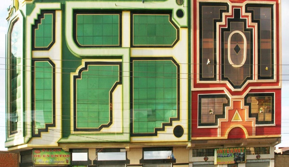 Typical Cholet architecture of Bolivia, seen in El Alto, La Paz, Bolivia                         