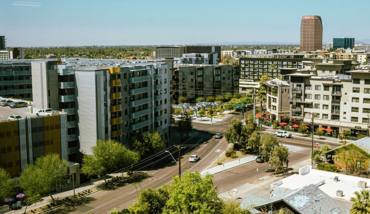 Phoenix, Arizona City skyline with modern buildings and clear blue sky 