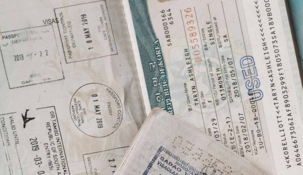 Passport pages with entry and exit stamps, plus a Republic of Korea visa marked as used,