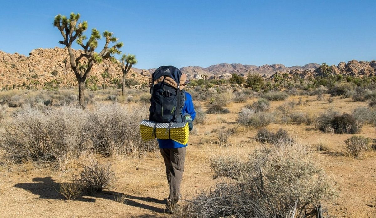 A backpacker is crossing through desert
