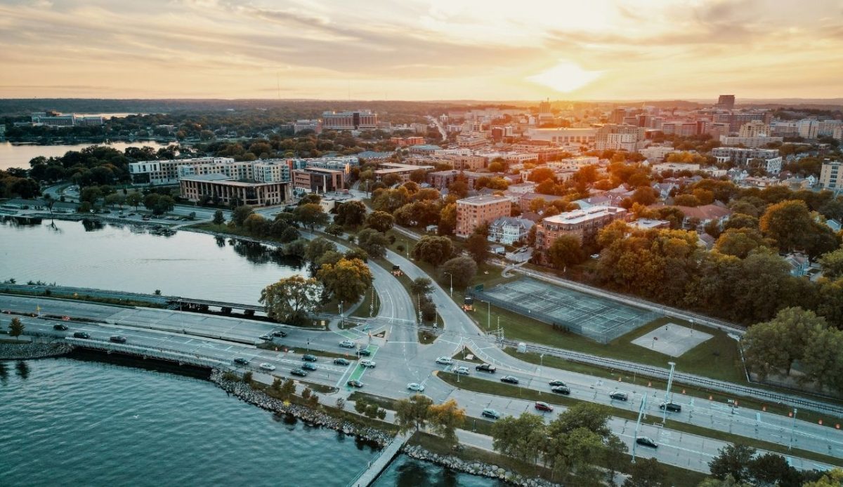 Aerial sunset view of downtown Madison, WI, USA,